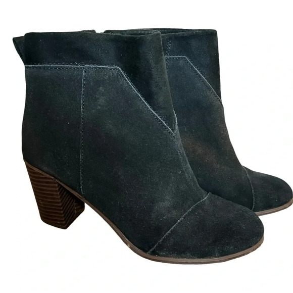TOMs Lunata pieced suede black boot block heel women's side zip up ankle bootie - Picture 2 of 9